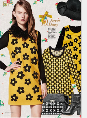 3-4码专柜正品秋冬款复古时尚花朵黄色羊毛长袖连衣裙E13IC4110a