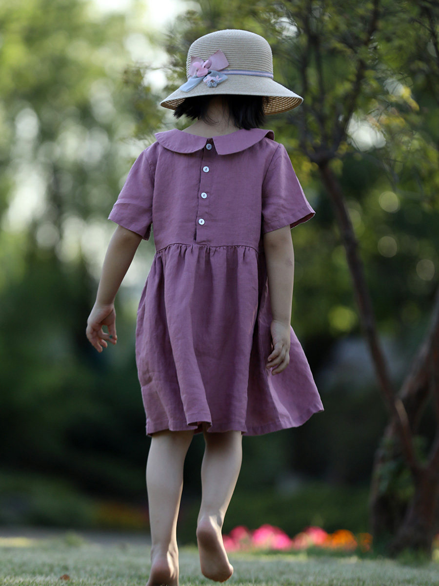 日系复古文艺 纯亚麻娃娃领短袖连衣裙女童中大童宽松薄款夏森系