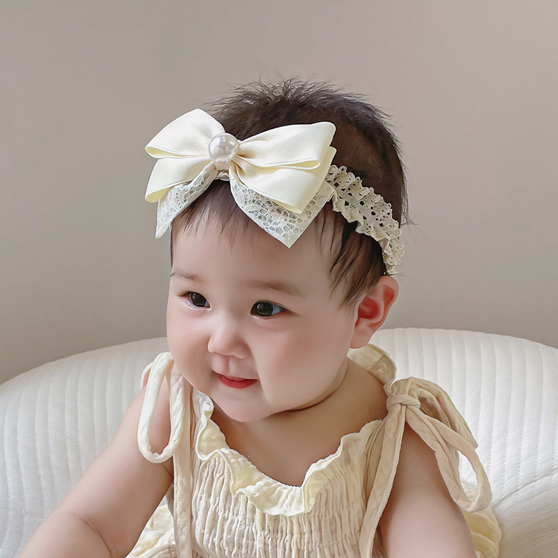 韩版公主蕾丝珍珠蝴蝶结发带婴儿满月百天宴头花宝宝弹力头带发饰