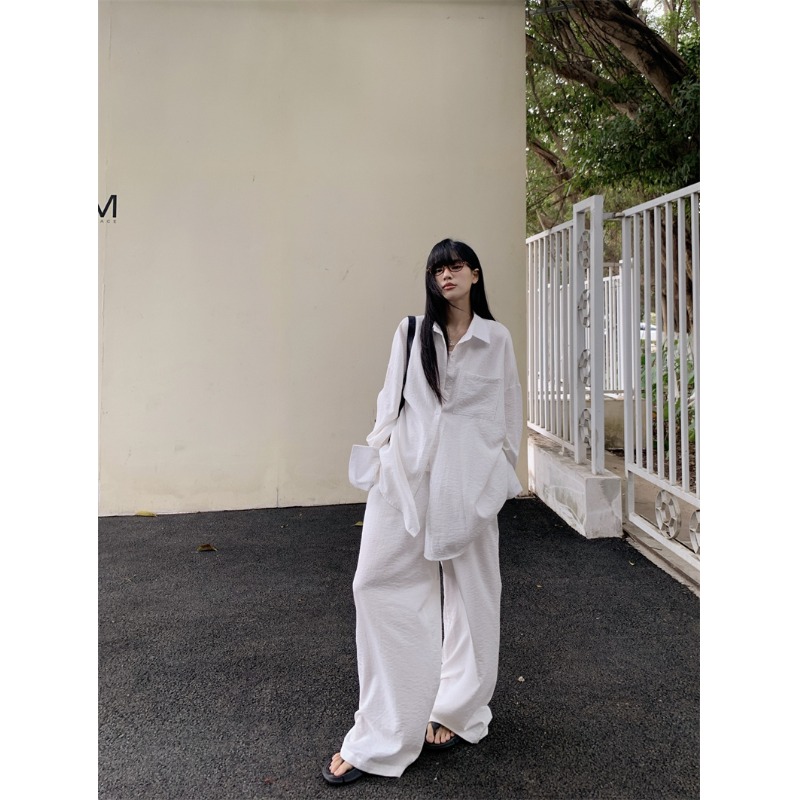 慵懒风套装女白色宽松衬