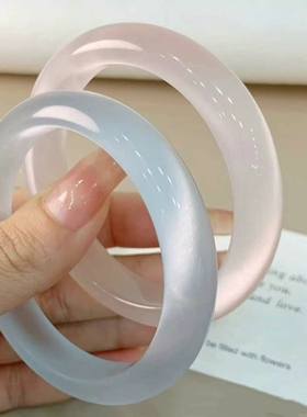 清新猫眼石手镯荔枝冻冰透水晶玛瑙玉镯白月光紫罗兰粉水晶镯子