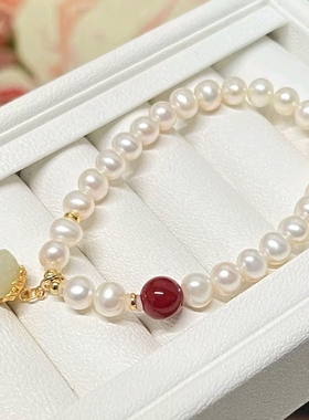 高品质6-7mm近圆无暇淡水珍珠手链ins小众设计甜美红玛瑙珍珠手链