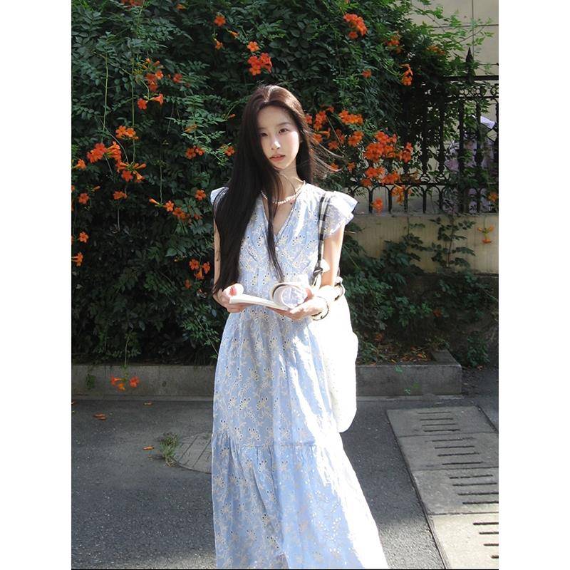 蓝色碎花连衣裙女春季2025新款今年流行爆款夏装裙子收腰显瘦气质