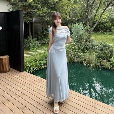 【半夏风铃】温与柔气质南法薄款收腰显瘦一字肩条纹连衣裙长裙夏