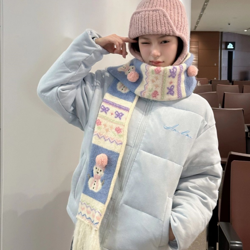 可爱雪人流苏围巾女冬季保暖韩版百搭提花手工刺绣圣诞毛球围脖潮