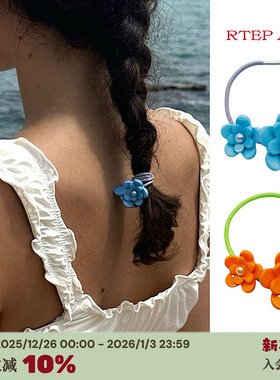 RTEP 小众emijay可爱橘色蓝色双层花朵珍珠泡泡度假发绳醋酸头绳