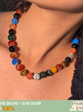 手作彩色玉石虎眼石玛瑙项链