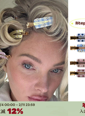 RTEP 定制emijay蓝色格子无痕夹粉色花朵钻石镶嵌刘海发夹高级感