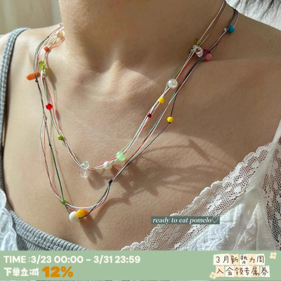 彩绳天然玉石珍珠珊瑚多层项链