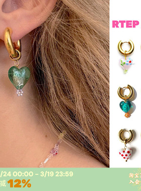 RTEP 小众ins可爱彩色琉璃法式复古爱心渐变波点金色c圈吊坠耳环