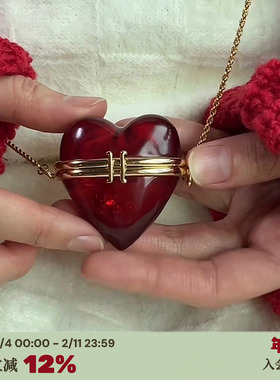 RTEP 高品质定制*古早桃心相盒复古红色黑色爱心长款项链百搭开口