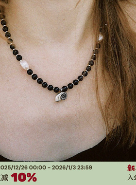 RTEP 海螺珍珠*黑色天然玉石黑玛瑙吊坠串珠天然淡水珍珠锁骨项链