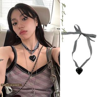 RTEP 小众复古蝴蝶结丝绑带项链 格纹织带天然黑玛瑙爱心香香同款