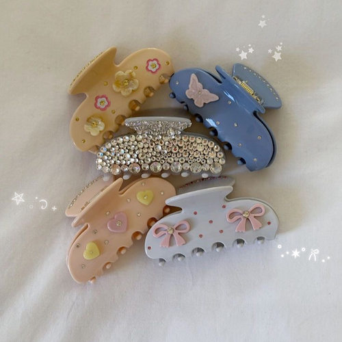 RTEP Emijay同款淡粉蓝蝴蝶结双色爱心水钻醋酸抓夹鲨鱼夹子百搭