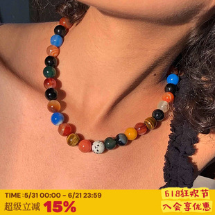 RTEP 浪漫宇宙手作天然彩色玉石玛瑙虎眼石度假小众锁骨串珠项链