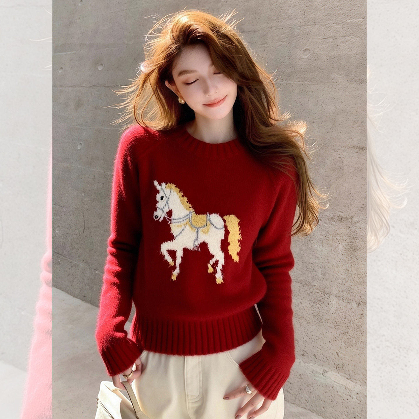 红色白马印花软糯针织衫毛衣女2025秋冬季绝美巨好看马年穿搭上衣