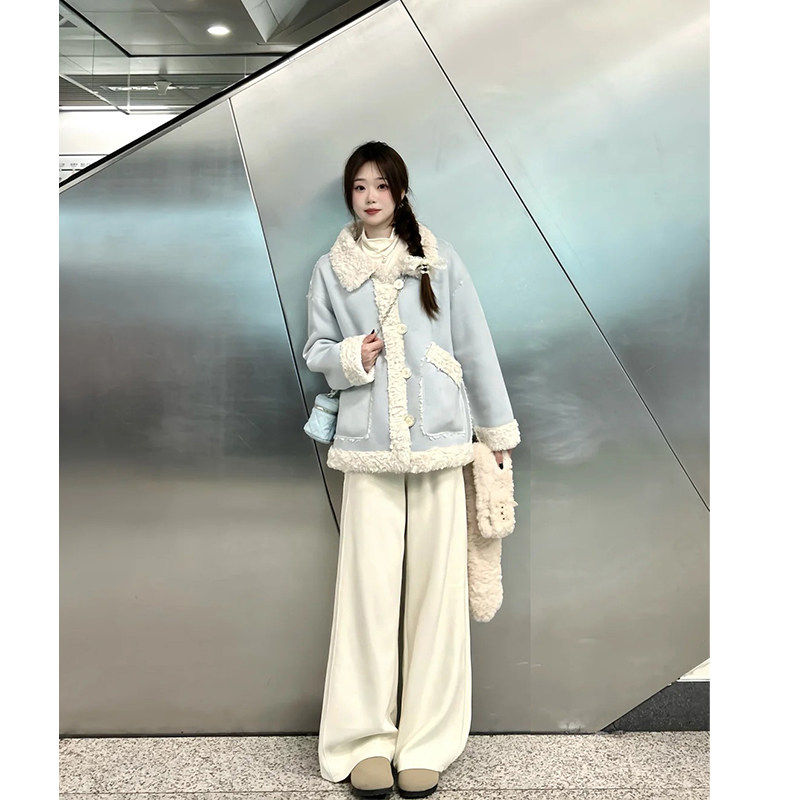 蓝色皮毛一体外套女秋冬季韩系冬装巨好看初冬加绒厚棉服冬天穿搭
