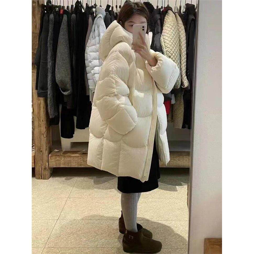 Hello家羽绒服女中长款茧型简约连帽花苞宽松加厚外套冬2025新款