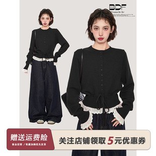 黑色假两件蕾丝针织毛衣女秋冬季内搭收腰小个子短款开衫外套上衣