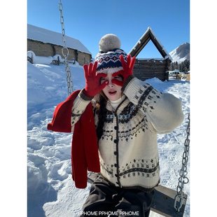 PPHOME自制~复古艺术生 重工加厚费尔岛毛衣冬季保暖连帽外套开衫