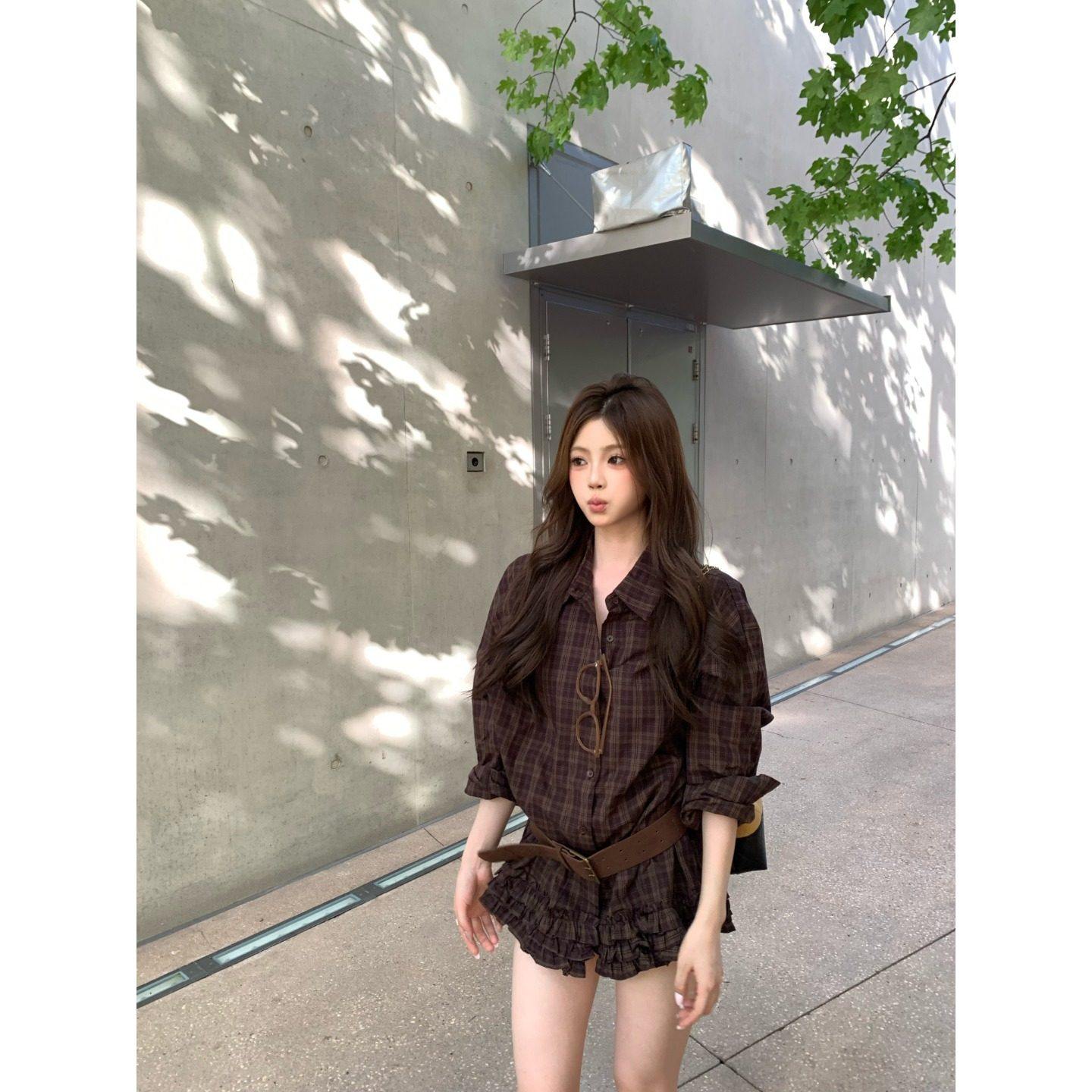 美式辣妹复古咖色格子衬衫气质长袖衬衣女秋冬设计感开衫外套上衣