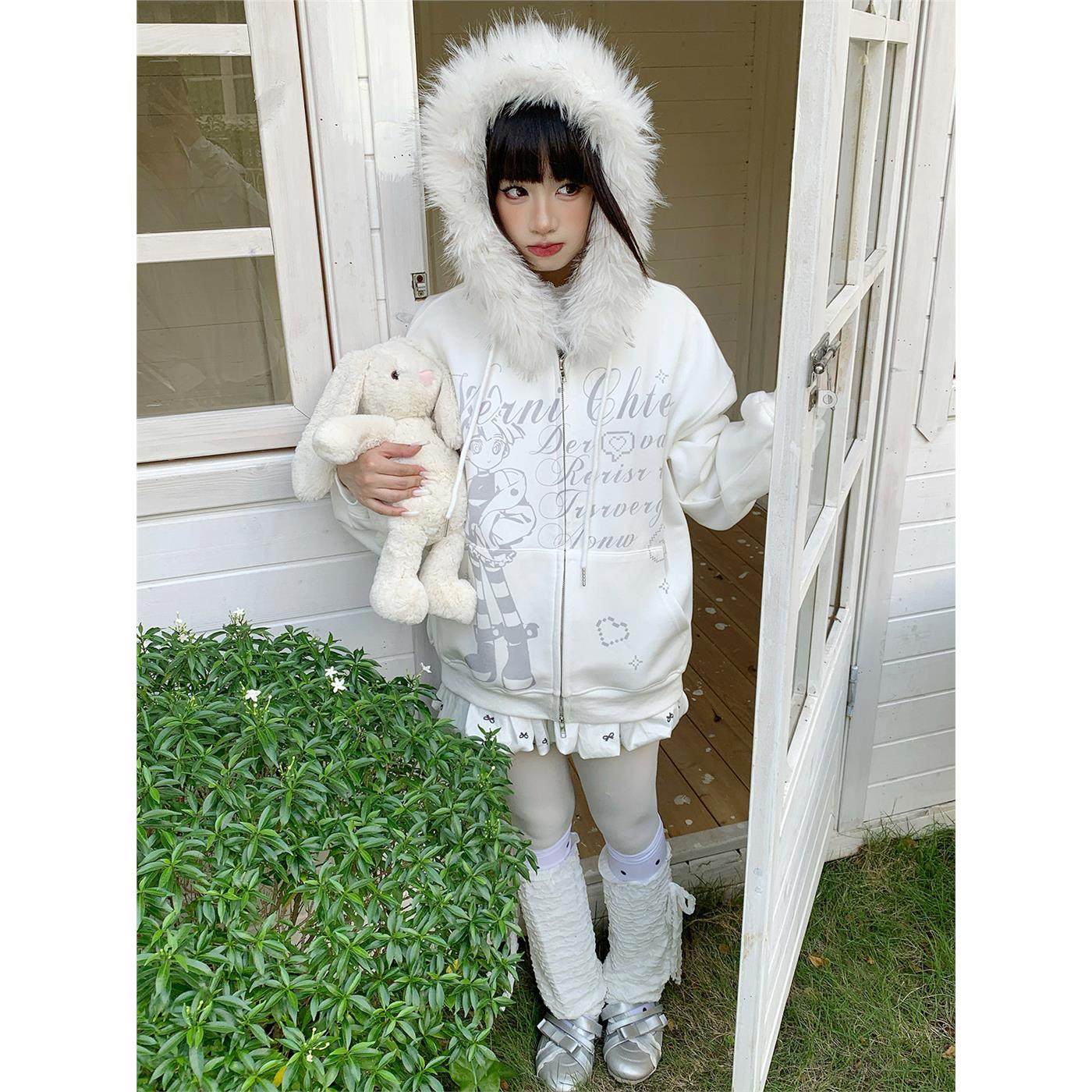 Solkatt日系卡通少女毛领开衫卫衣女秋季轻亚文化美式Y2K拉炼外套