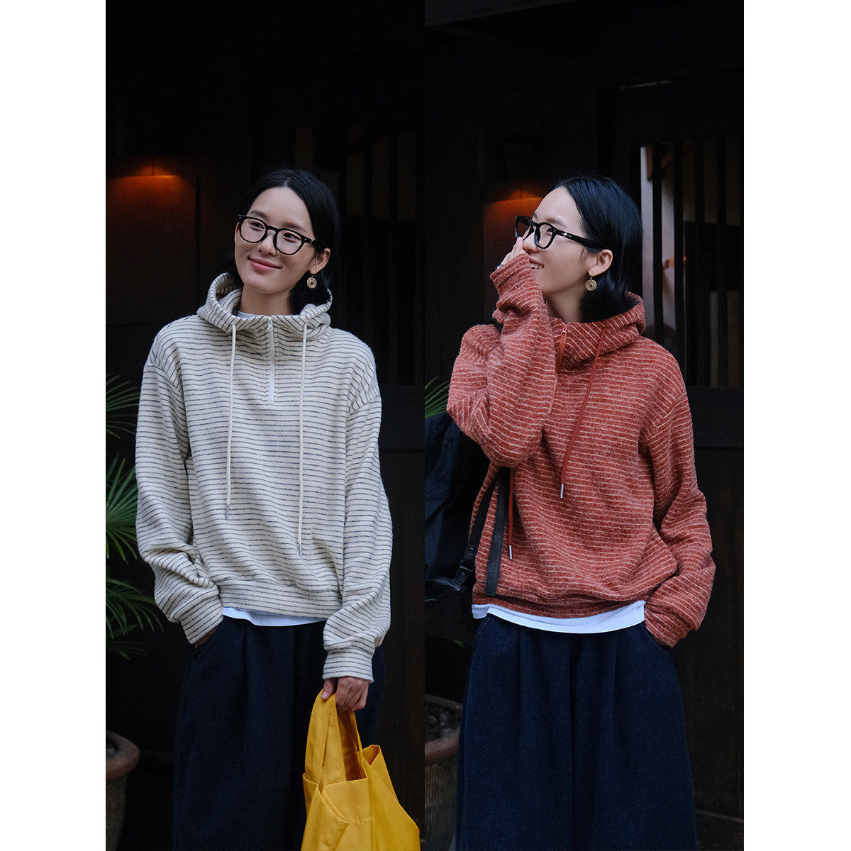 麻霖2025冬新品柔软亲肤可机洗细条纹半拉链套头上衣连帽卫衣