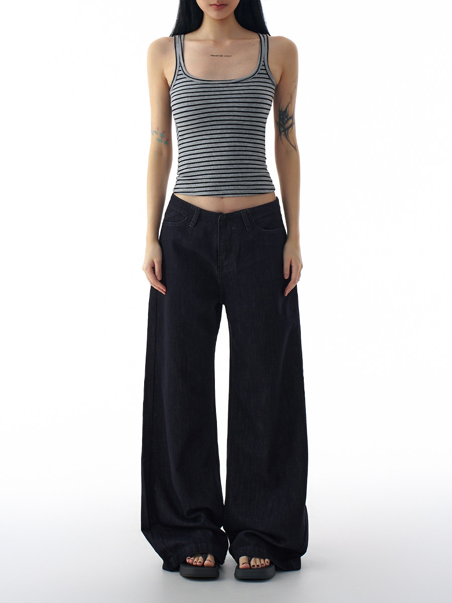 American Retro Dark Blue Low-Waisted Wide-Leg Jeans for Women 2025 Autum New Style Drapedy Straight Wide-Leg Pants