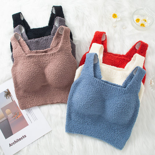 羊羔绒带胸垫文胸保暖背心外穿