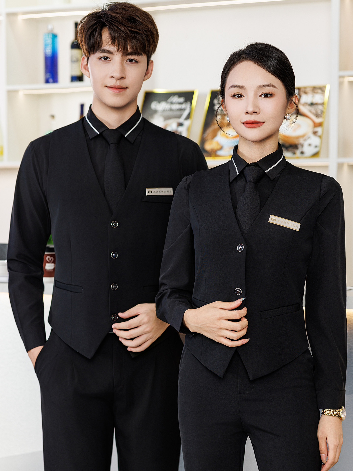餐厅服务员工作服黑衬衫马甲男套装定制印logo酒店前台球工衣制服图片