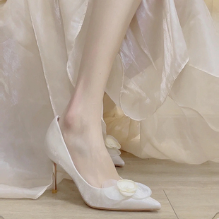 温柔花朵浅色高跟鞋！法式小众气质婚纱新娘鞋成人礼单鞋配马面裙