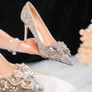 亮片闪钻蝴蝶结婚鞋！主婚纱新娘银色水晶高跟鞋晚宴礼服成人礼物