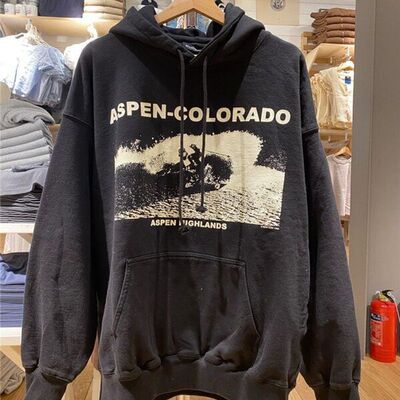 BM风Brandy同款美式复古ASPEN滑雪印花 bm连帽卫衣宽松袋鼠兜外套