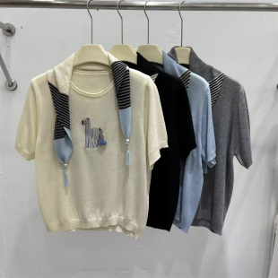 羊毛针织衫 2026春夏新款 圆领搭刺绣卡通小马披肩短袖 女装 欧货时尚