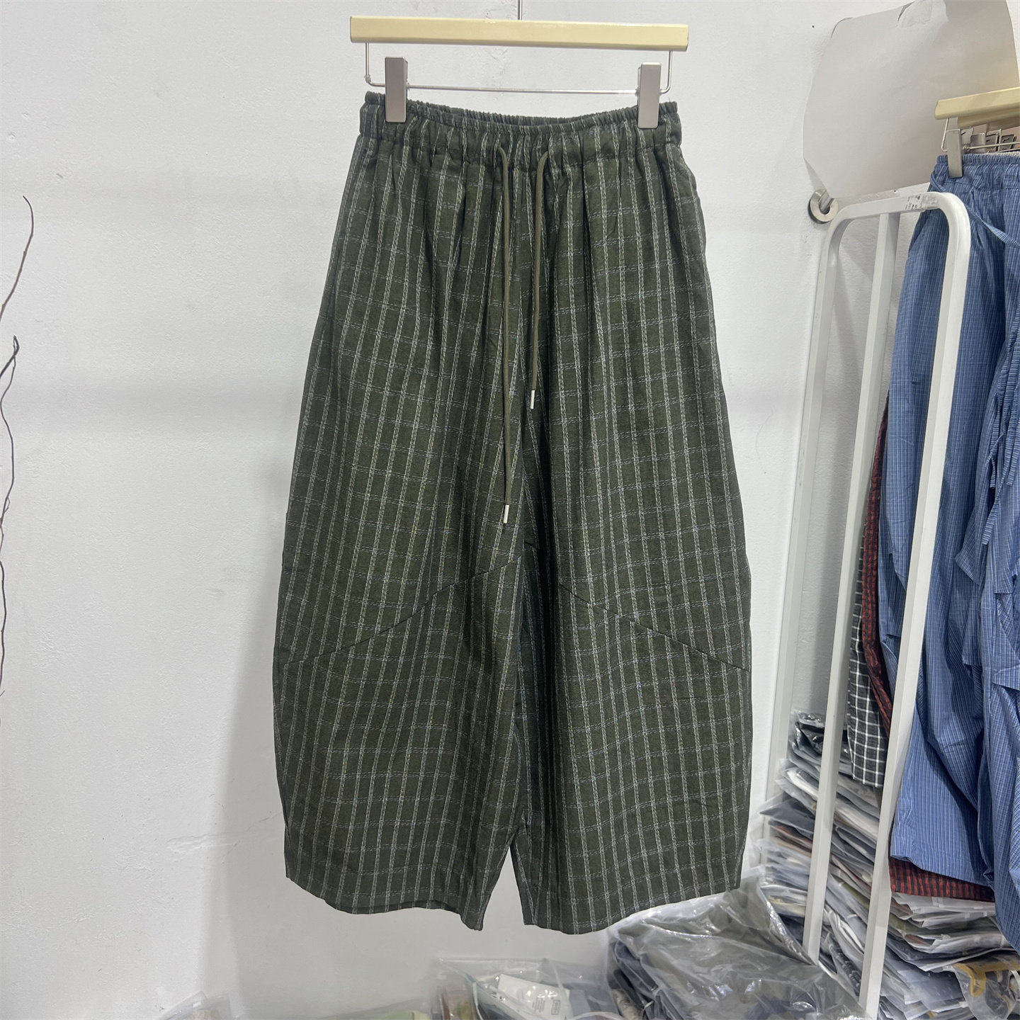 夏薄高腰显瘦军绿格子九分阔腿裤