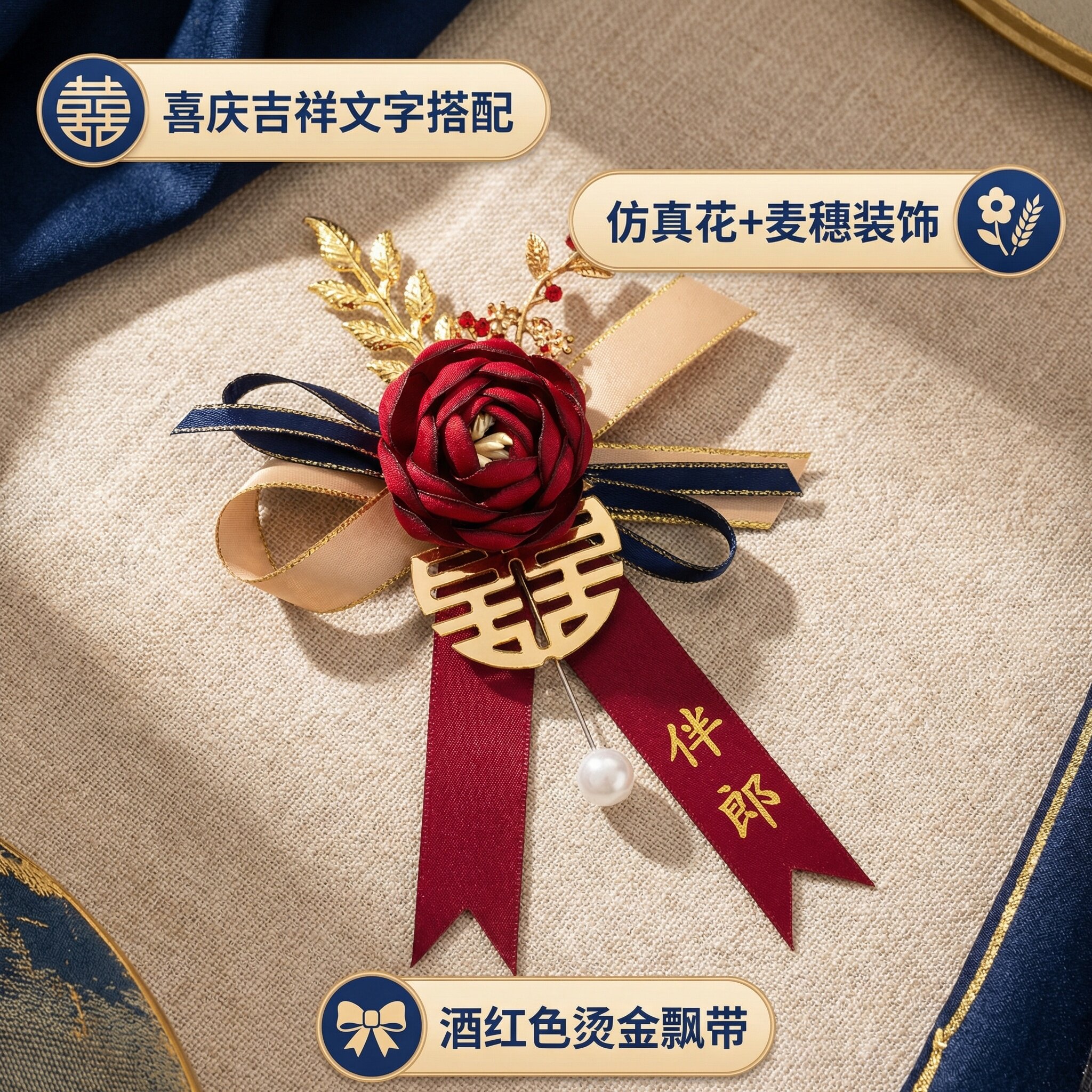 新中式婚礼仿真麦穗胸花