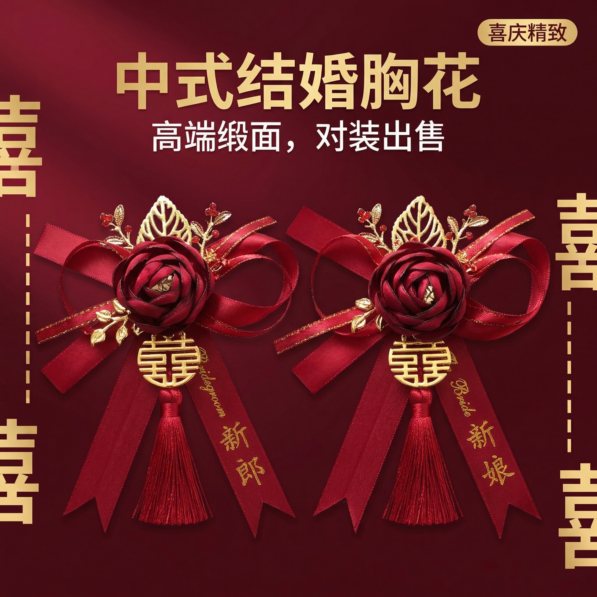 新中式高端缎面喜字结婚胸花
