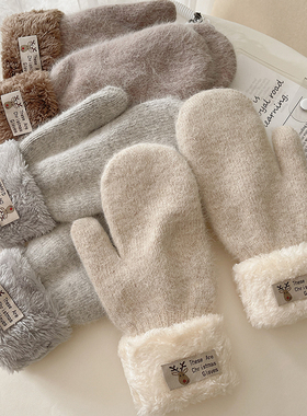 手套女士冬季可爱加绒厚棉款针织毛绒防风包指连指秋冬天保暖骑车