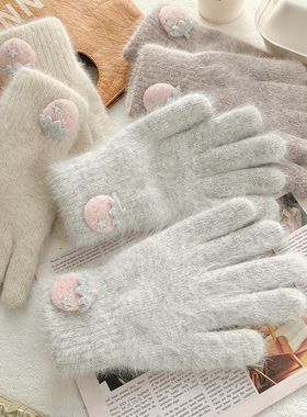 毛绒手套女保暖加厚可爱卡通针织毛线加绒开车骑车防寒秋冬季手套