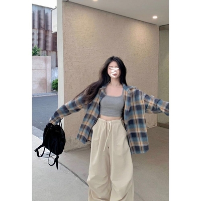 hiphop街舞穿搭套装小个子甜酷穿搭美式复古格子衬衫吊带工装裤