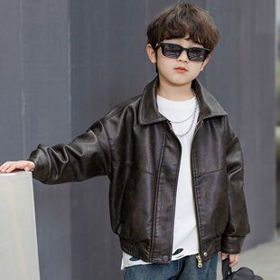 PU皮夹克洋气韩版 男宝宝早春外套男童皮衣外套2026新款 儿童春秋款