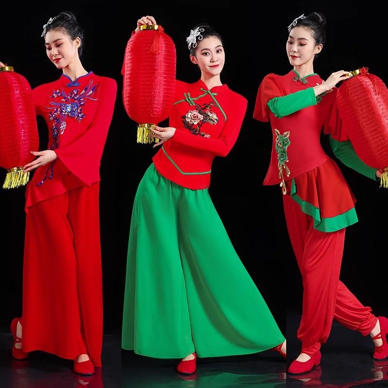 新款打鼓秧歌服雪纺阔腿裤古典舞蹈服中国风民族广场舞演出服套装