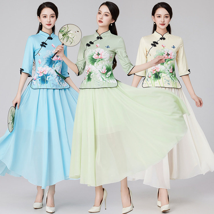 民国风汉服旗袍唐装女跳舞台表演出队服民族套装团体广场舞蹈服装