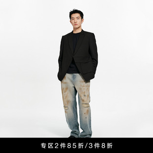 做旧复古直筒宽松阔腿破洞长裤 黄泥染牛仔裤 男女同款 Unawares.