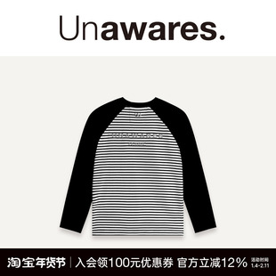 Unawares. HOMME系列 男女同款 插肩袖条纹长袖T恤 中长款上衣