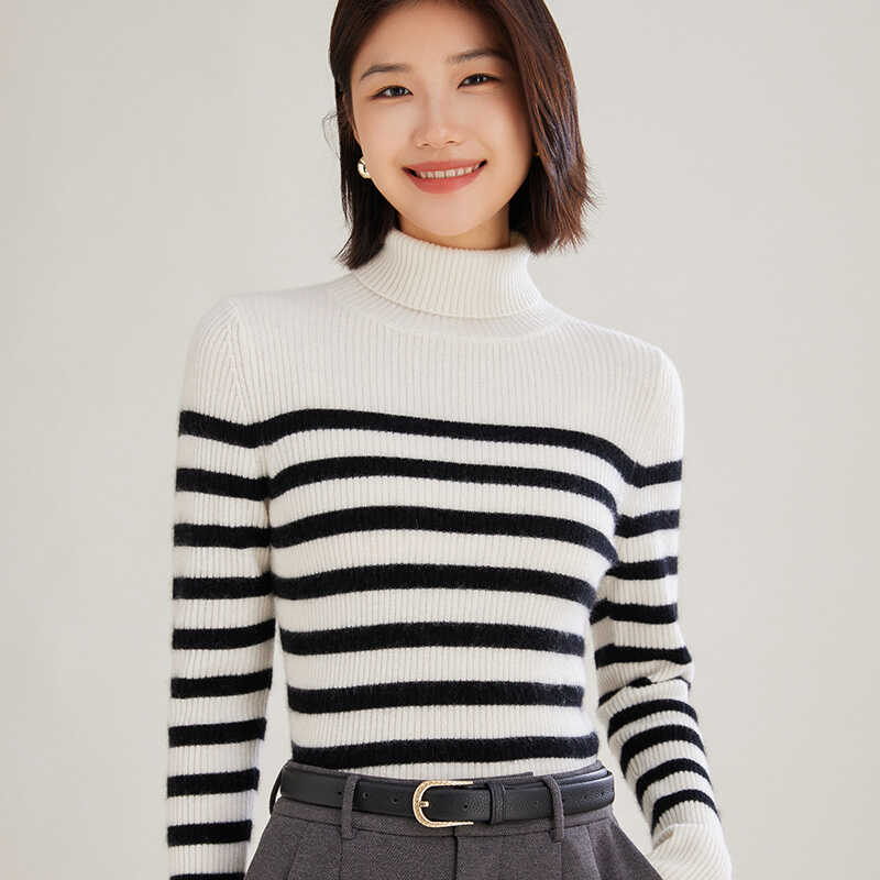 黑白条纹高领羊绒衫女秋冬