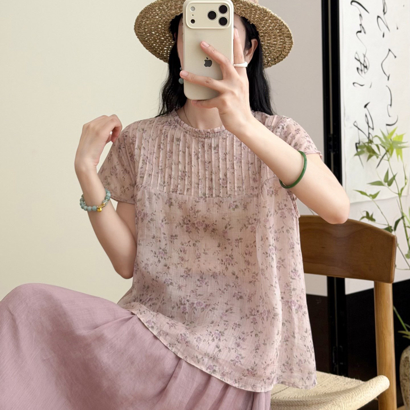 2026夏季新中式碎花苎麻衬衫衬衫