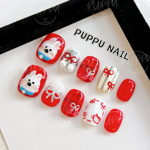 PUPPY家 西高地新年美甲红色可爱手绘可定制穿戴甲小狗卡通过年