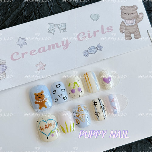 珍珠小熊蓝紫手绘纯手工穿戴甲