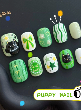 绿色珍珠小黑猫纯手工穿戴甲可爱卡通美甲手绘重工甜美ins显白短